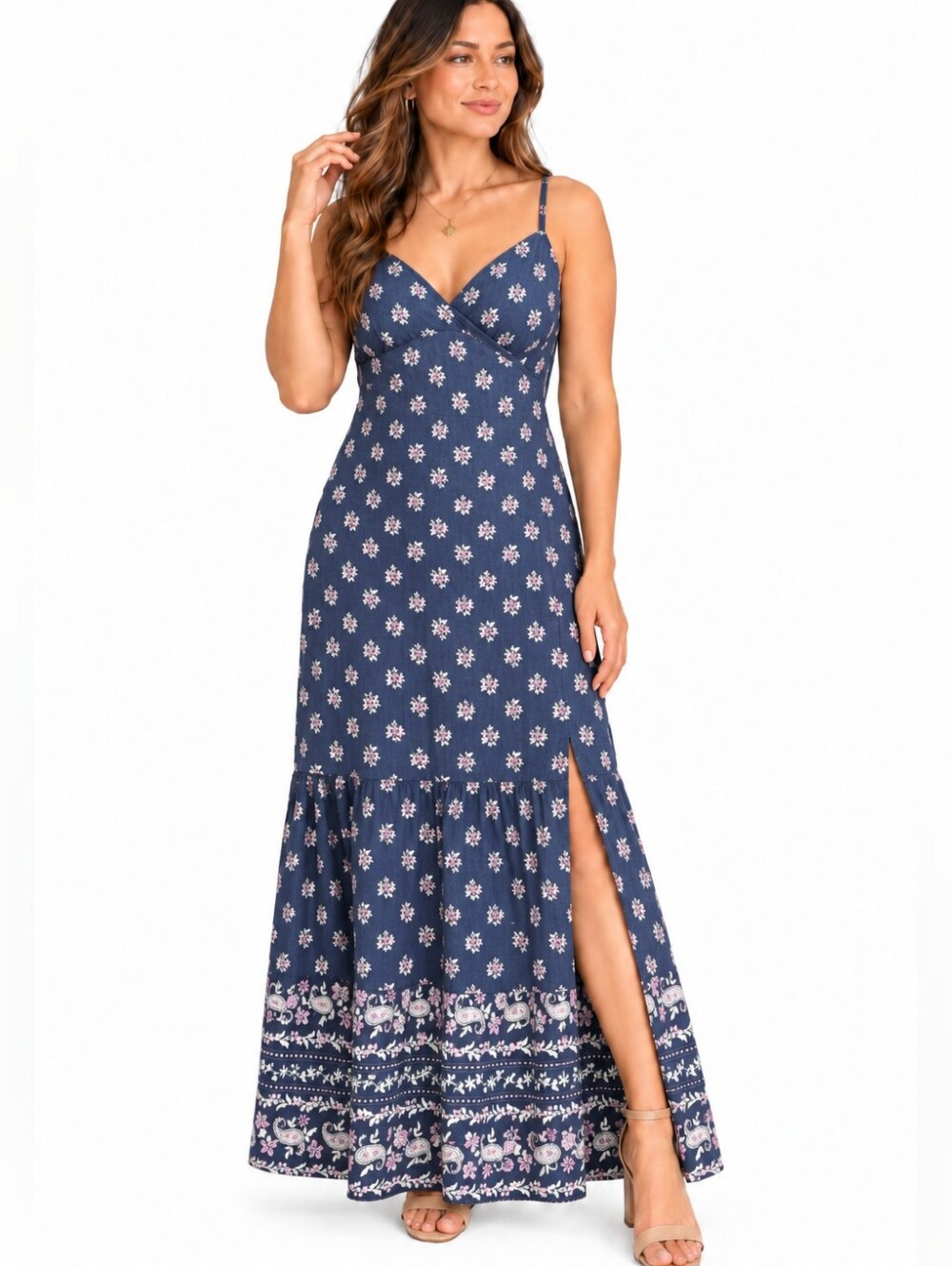 Hollister Women’s Size M Navy Floral Open Back Maxi Dress Boho Cross Strap